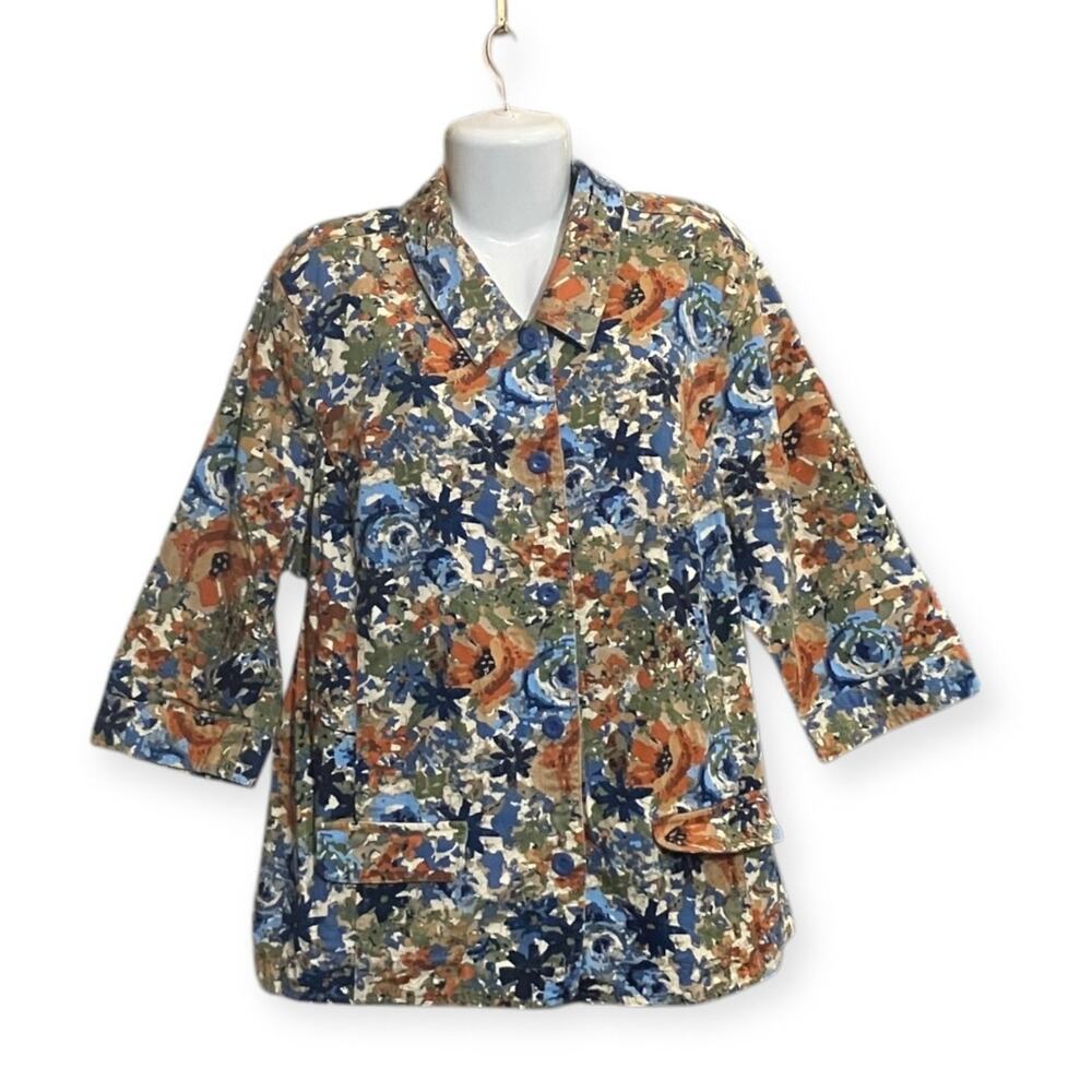 CJ Banks Women's Multicolor Floral 3/4 Sleeves Button Front Denim Jacket Size 3X